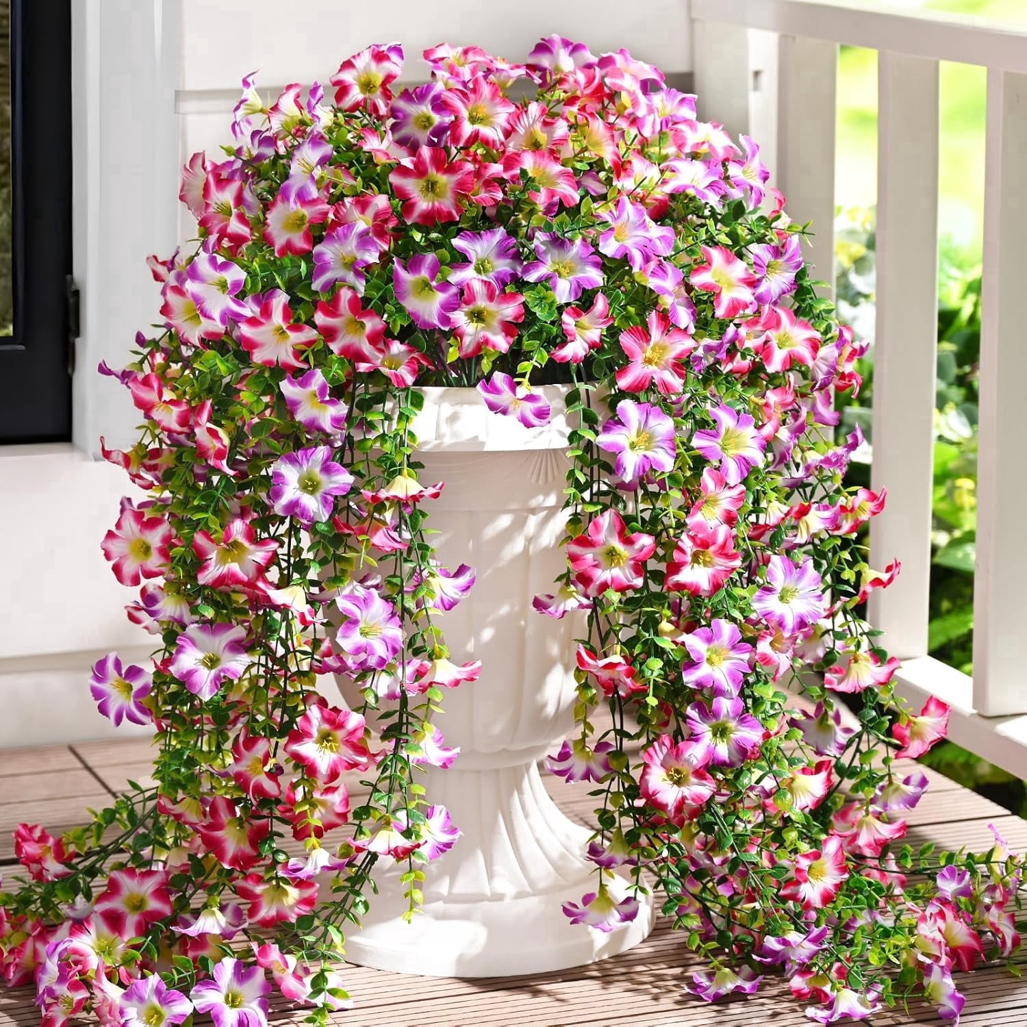 Lyacmy 4 Pcs Artificial Hanging Flowers for Outdoor Spring Decor, Rose Red Purple UV Resistant Fake Flower Petunias for Outdoor Garden Porch Patio Wedding Decor