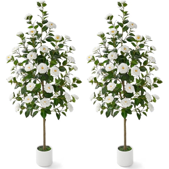 Lyacmy 5FT 2 Pack White Camellia Artificial Tree in Pot, Artificial Plants Indoor Outdoor for Home Decor