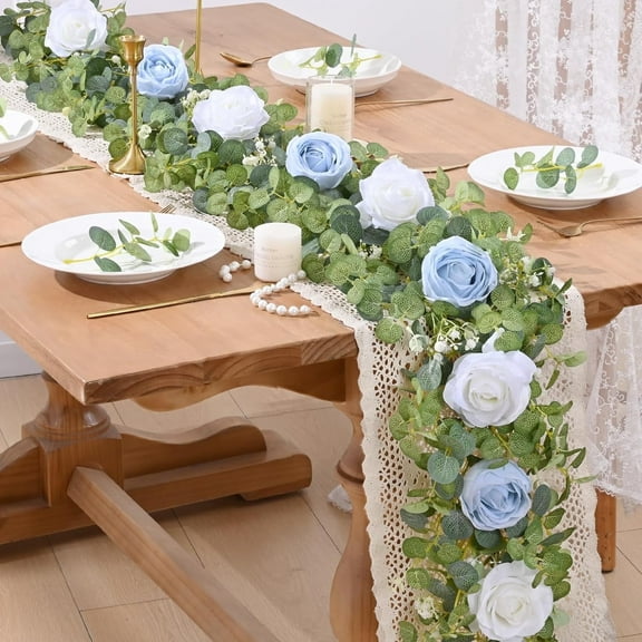 Lyacmy 6.07FT Artificial Eucalyptus Garland with Flowers, Blue Fake Rose Gypsophila Flower Garlands for Decoration, Greenery Garland Hanging Vines for Room Wedding Backdrop