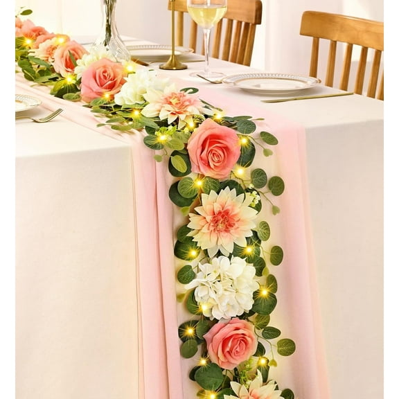Lyacmy 6Ft Flower Garland with Light Decorations, Eucalyptus Greenery Garland with Pink Rose Flowers, Floral Garland Rose Vines for Tables Wedding Party Backdrop Mantle Decor