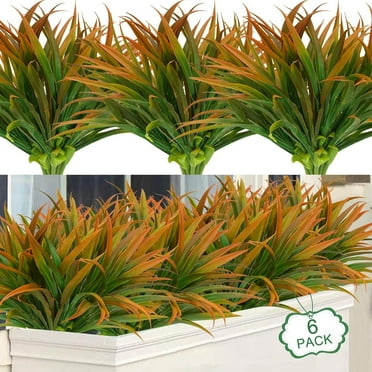 Lyacmy 6Pcs Artificial Grass Fake Plants 17.3in Outdoor Plastic Plants UV Resistant Greenery Fake Grass for Home Window Garden Office Patio Hanging Planter Pathway Front Porch Decor Orange Yellow
