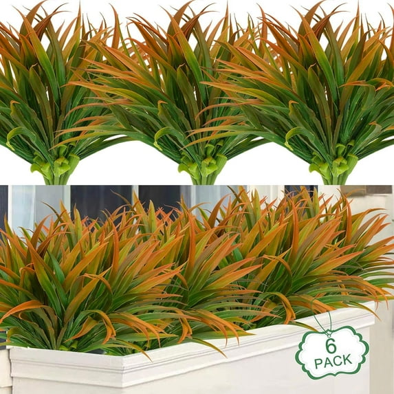 Lyacmy 6Pcs Artificial Grass Fake Plants 17.3in Outdoor Plastic Plants UV Resistant Greenery Fake Grass for Home Window Garden Office Patio Hanging Planter Pathway Front Porch Decor Orange Yellow