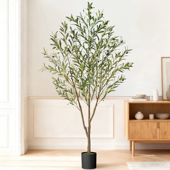 Lyacmy 6ft Artificial Olive Tree with Realistic Leaves and Natural Trunk, Faux Potted Plants with Black Plastic Pot for Home Office Decor