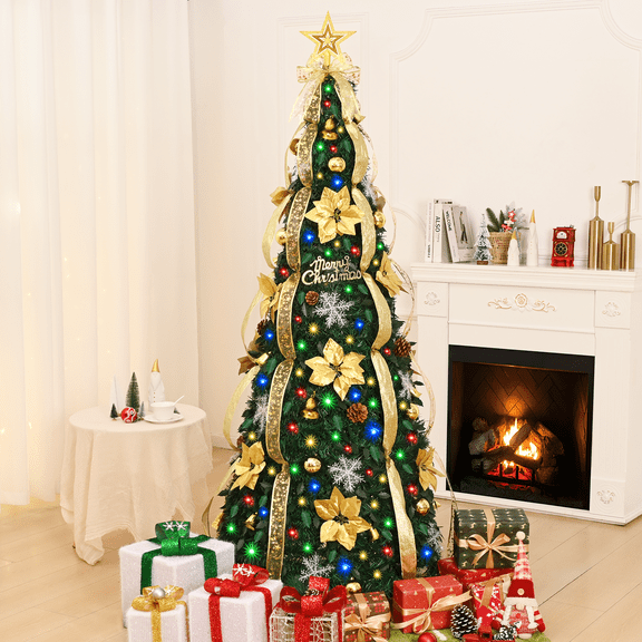 Lyacmy 6FT Pre-lit Pop Up Christmas Tree with Lights Christmas Decorations, Gold Poinsettia Artificial Xmas Tree with 200 Lights Outdoor Indoor Home Decor