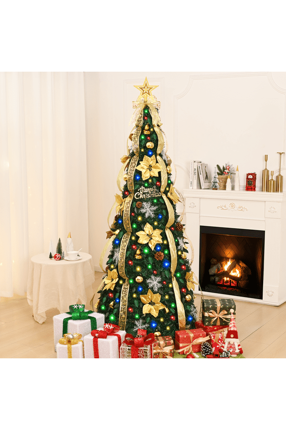 6FT Pre-lit Pop Up Christmas Tree with Lights Christmas Decorations, Gold Poinsettia Artificial Xmas Tree with 200 Lights Outdoor Indoor Home Decor