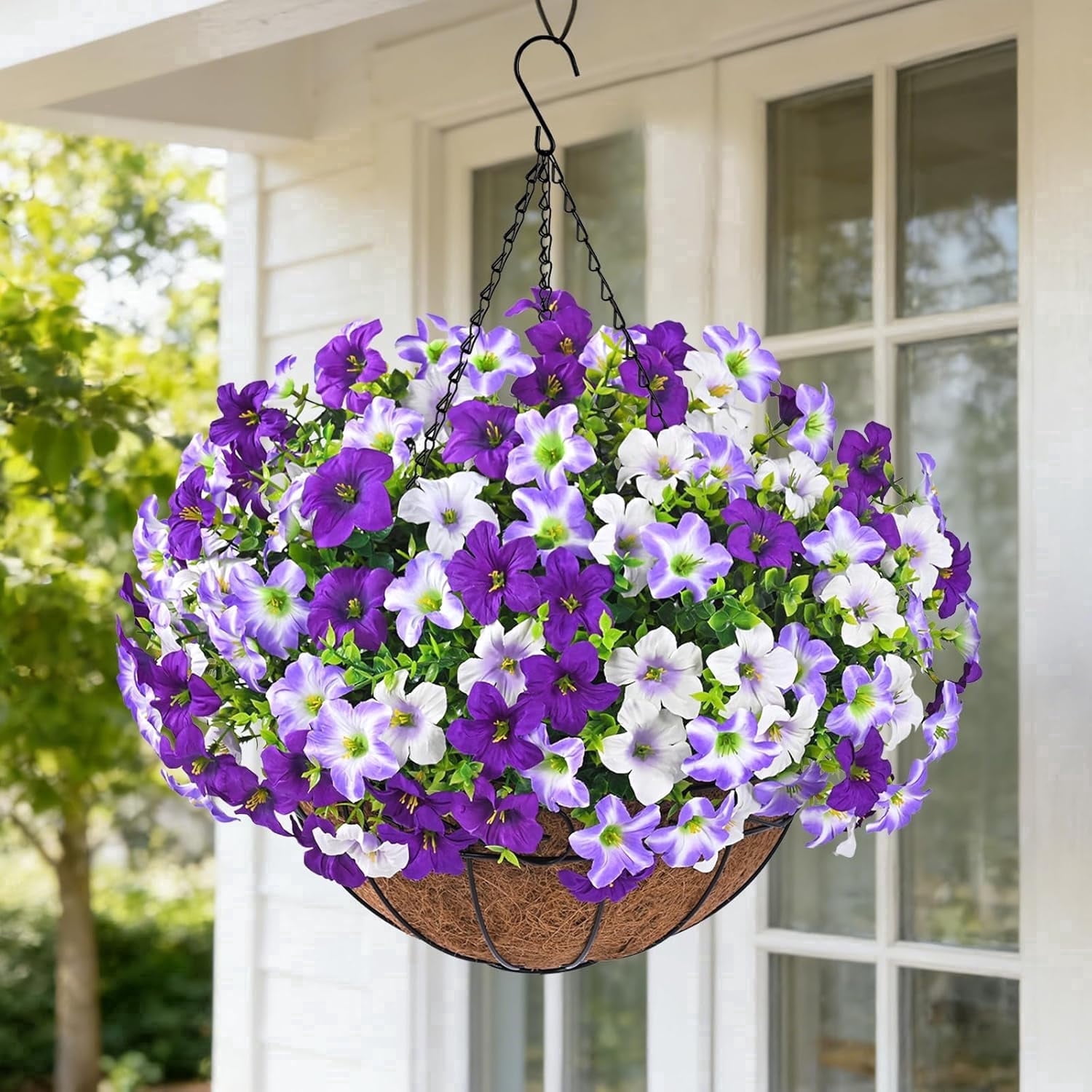 Lyacmy Artificial Hanging Flowers in Basket for Outdoor, UV Resistant Faux Petunias with Eucalyptus Leaves with 20Inch Coconut Lining Chain Flowerpot,Purple White