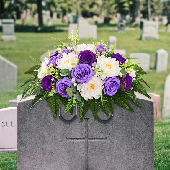 Lyacmy Artificial Cemetery Flowers Saddle, Memorial Day Flowers for Cemetery Outdoor Grave Headstones Decorations, White Purple