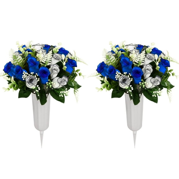 Lyacmy Artificial Cemetery Flowers with Vase ,Set of 2 Artificial Rose Bouquet Graveyard Memorial Flowers for Cemetery Headstones Decoration