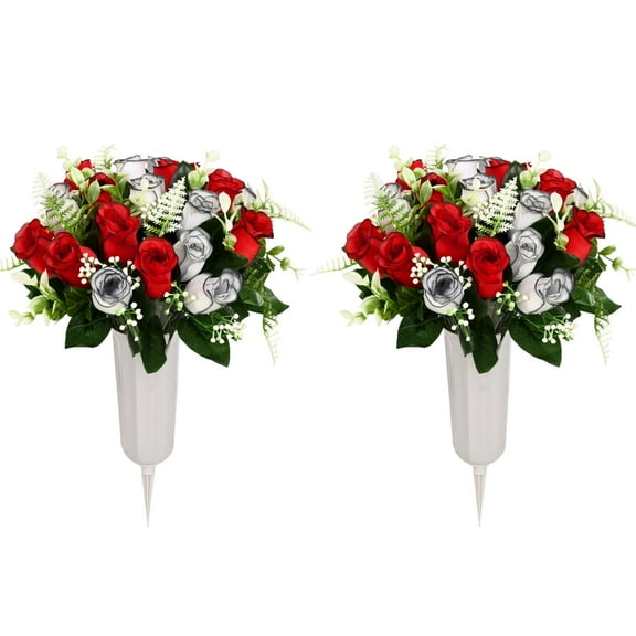 Lyacmy Artificial Cemetery Flowers with Vase ,Set of 2 Artificial Rose Bouquet Graveyard Memorial Flowers for Cemetery Headstones Decoration