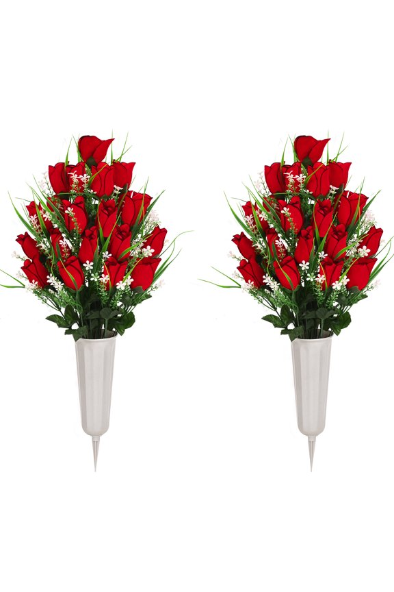 Artificial Cemetery Flowers with Vase ,Set of 2 Artificial Rose Bouquet Graveyard Memorial Flowers for Cemetery Headstones Decoration