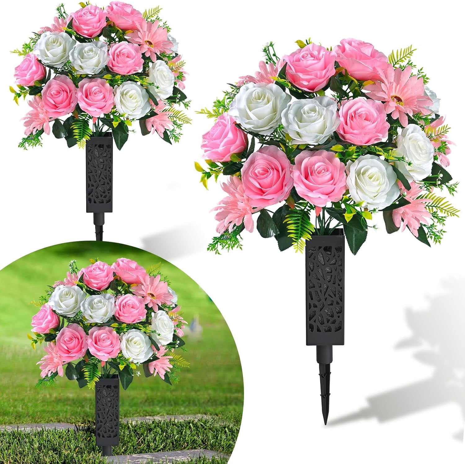 Lyacmy Set of 2 Artificial Cemetery Flowers with Vase, Memorial Day Flowers for Cemetery Outdoor Grave Headstones Decorations, White Pink