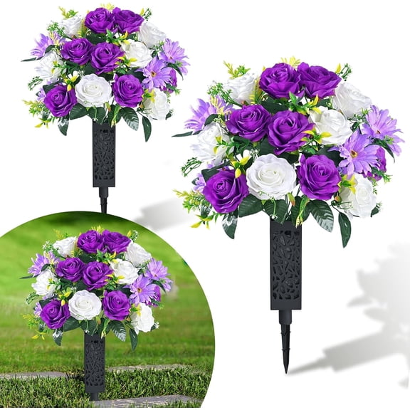 Lyacmy Set of 2 Artificial Cemetery Flowers with Vase, Memorial Day Flowers for Cemetery Outdoor Grave Headstones Decorations, White Purple