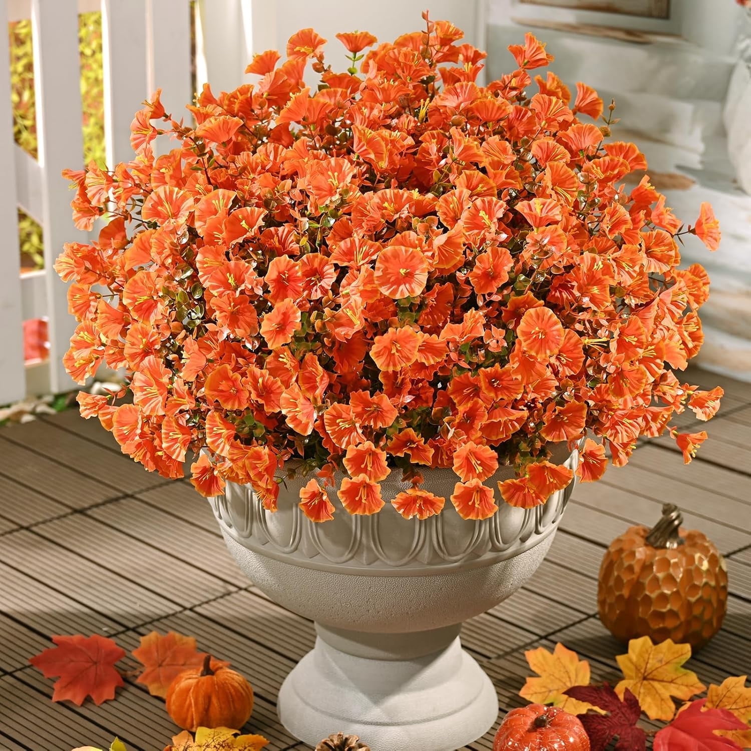 Lyacmy 36 Bundles Artificial Fall Flowers for Outdoor, Fake Mums UV Resistant Fake Flowers Fall Decorations for Home Garden,Green Orange