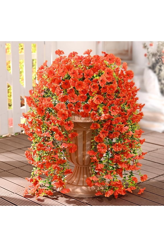 2 Pcs Artificial Fall Hanging Flowers for Outdoor, Autumn Faux Mums UV Resistant Fake Flower Morning Glory for Outdoor Garden Fall Decor, Orange