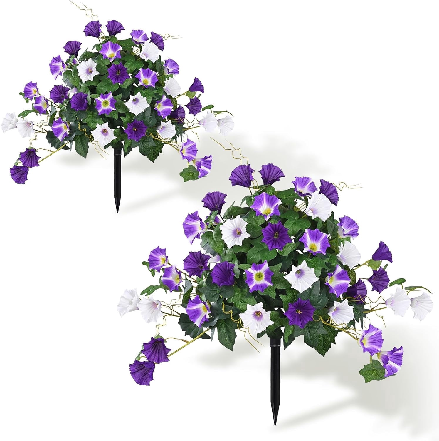 Lyacmy 2 Pack 19.7in Artificial Flowers Topiary Ball Trees for Outdoors, UV Resistant Lifelike Morning Glory Fake Bushes Plants with Ground Spike for Porch Garden Decor