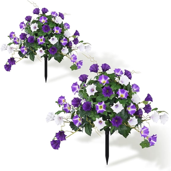 Lyacmy 2 Pack 19.7in Artificial Flowers Topiary Ball Trees for Outdoors, UV Resistant Lifelike Morning Glory Fake Bushes Plants with Ground Spike for Porch Garden Decor