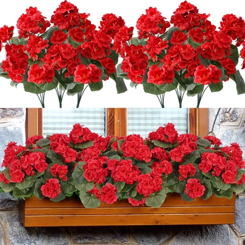 Lyacmy 12Pcs Artificial Geraniums for Outdoors Realistic Artificial Flowers, UV Resistant Red Fake Geraniums Silk Flowers Outdoor Decor