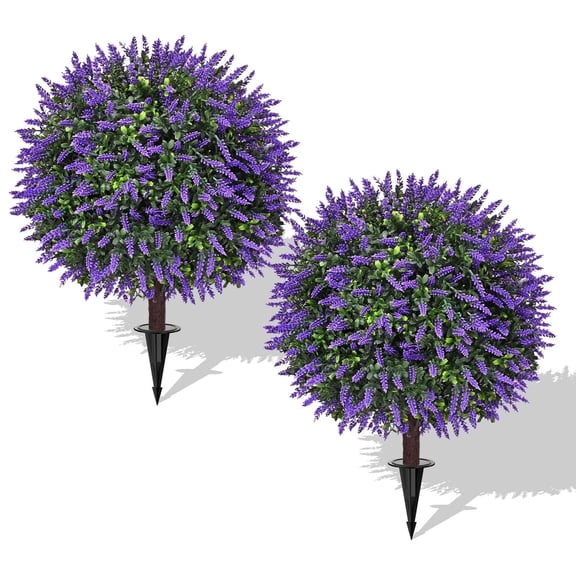 Lyacmy 2 Pack 23'' Lavender Artificial Flowers For Outdoors, Topiary Lavender Plant With Ground Spike Fake Outdoor Plants For Front Porch Decor
