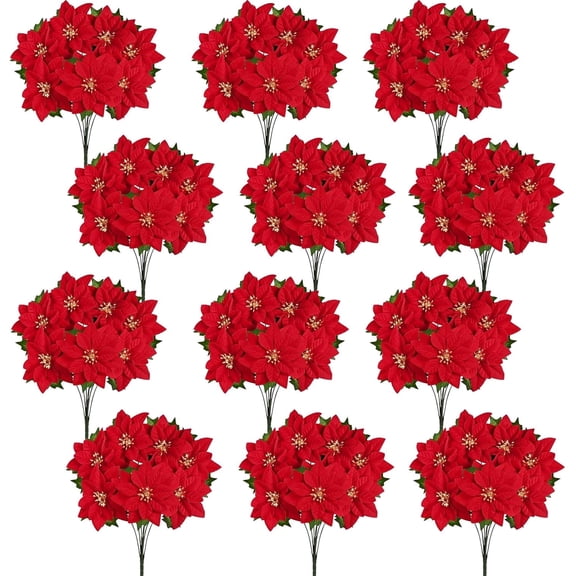 Lyacmy 17inch Artificial Poinsettia with Golden Stamen, 12pcs Red Velvet Poinsettia Flower Christmas Bouquet Decorations Home Decor