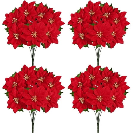 Lyacmy 17inch Artificial Poinsettia with Golden Stamen, 4pcs Red Velvet Poinsettia Flower Christmas Bouquet Decorations Home Decor
