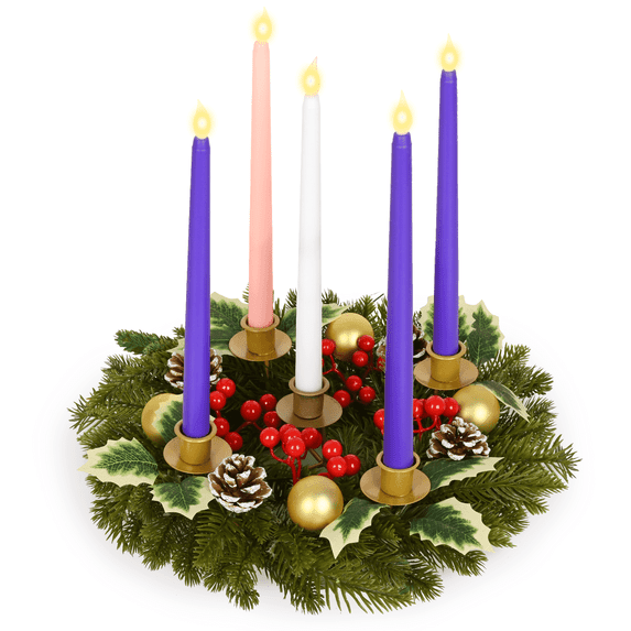 Lyacmy Christmas Advent Wreath Candle Holder with 5 Flameless Taper Candles, 12 Inch Rings Wreath Corona de Adviento Xmas Indoor Decorations