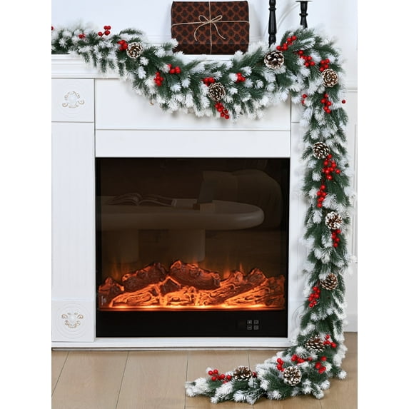 Lyacmy 9FT Christmas Garland for Mantel with Pine Cones Red Berries, Artificial Norfolk Pine Garlands for Indoor Outdoor Christmas Decorations, White Green