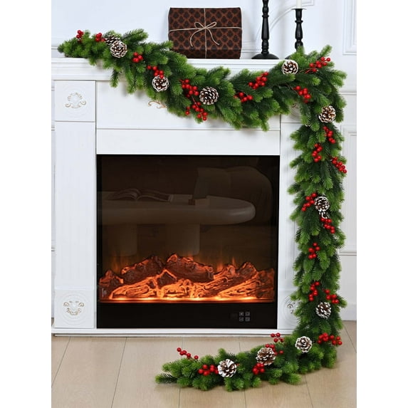 Lyacmy 9FT Christmas Garland for Mantel with Pine Cones Red Berries, Artificial Norfolk Pine Garlands for Indoor Outdoor Christmas Decorations, Dark Green