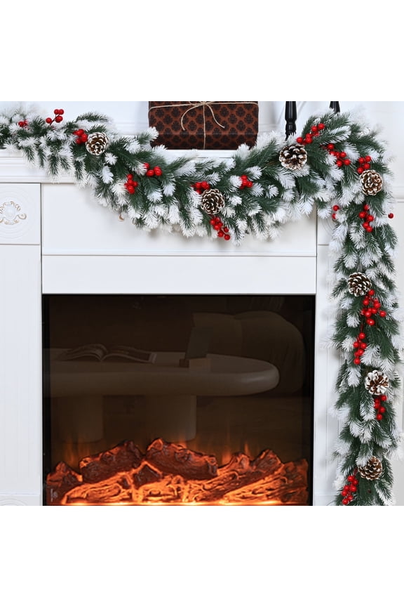 6FT Christmas Garland for Mantel with Pine Cones Red Berries, Artificial Norfolk Pine Garlands for Indoor Outdoor Christmas Decorations, White Green