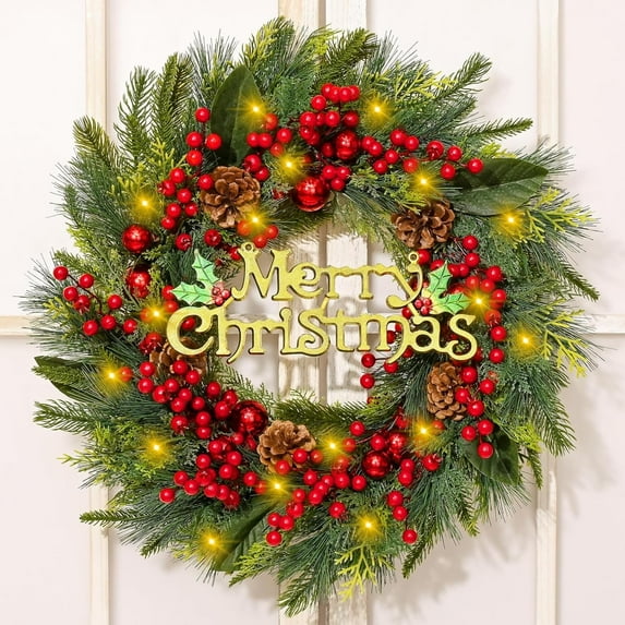 Lyacmy Christmas Wreaths with lights, 24"Xmas Wreath for Front Door with Red Berry Pine Cone,Artificial Wreath Christmas Decorations for Indoor Outdoor Decor