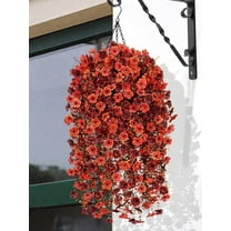Lyacmy Fall Artificial Hanging Flowers with Basket for Outdoor, Silk Orange Red Fake Mums for Porch Yard Home Fall Decor