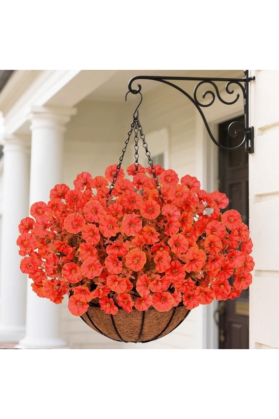Fall Artificial Hanging Flowers with Basket for Outdoor, Fake Mums Boxwood Red Petunias with with 20Inch Coconut Lining Chain Flowerpot