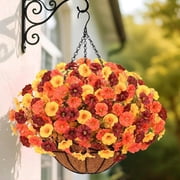 Lyacmy Fall Artificial Hanging Basket with Mums, UV Resistant Fake Flower Petunias with with 20Inch Coconut Lining Chain Flowerpot