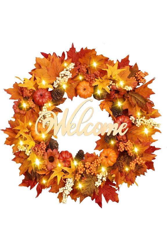 20 Inch Lighted Fall Wreaths for Front Door Fall Decor, Pumpkins Maple Leaf Autumn Wreath with Welcome Thanksgiving Fall Decorations for Home