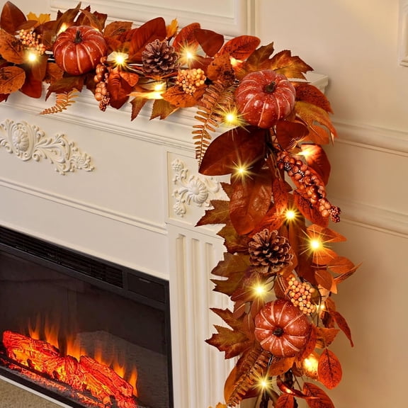 Lyacmy 6 FT Orange Red Fall Garland for Mantle Fall Decorations for Home, Pumpkins Leaves Lighted Fall Garland for Home Fall Decor Outdoor Indoor