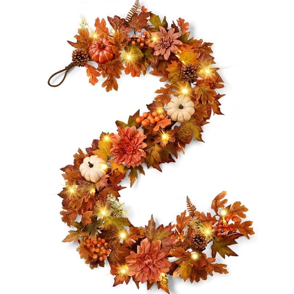 Lyacmy 6 FT Pumpkins Fall Garland for Mantle Fall Decorations for Home, Dahlias Maples Leaves Fall Garland with Lighted for Fall Decor Outdoor Indoor