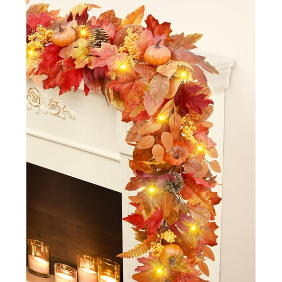 Lyacmy 6 FT Orange Fall Garland for Mantle Fall Decorations for Home, Pumpkins Maple Leaves Lighted Fall Garland for Home Fall Decor Outdoor Indoor