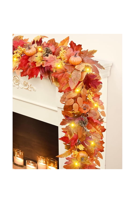 6 FT Orange Fall Garland for Mantle Fall Decorations for Home, Pumpkins Maple Leaves Lighted Fall Garland for Home Fall Decor Outdoor Indoor