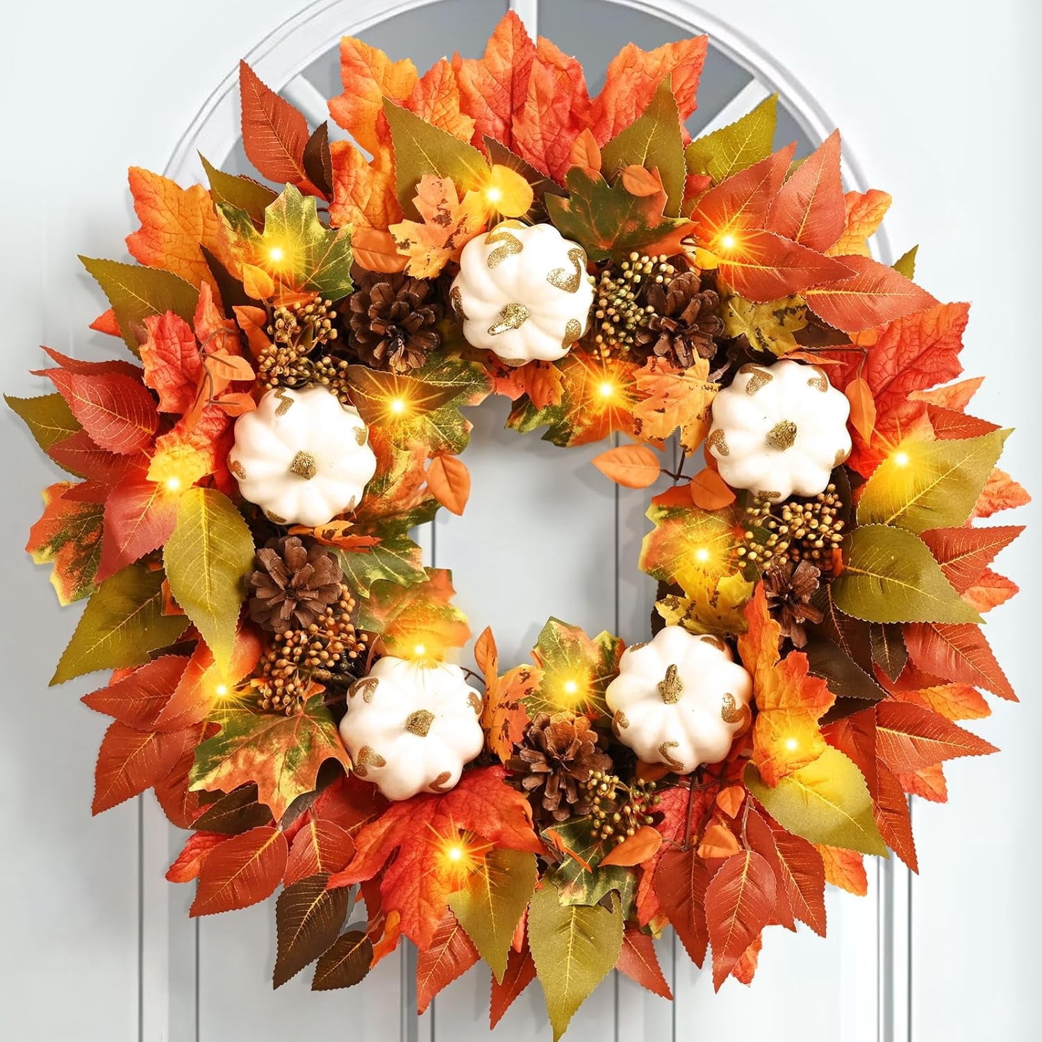 Lyacmy 20 Inch Lighted Fall Wreaths for Front Door Fall Decor, Maple ...