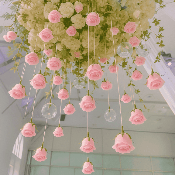 Lyacmy Valentine's Day Decor 10Pcs Artificial Rose Head Hanging Flower for Decorations Ceiling, Fake Pink Rose Flower with Fishing Line
