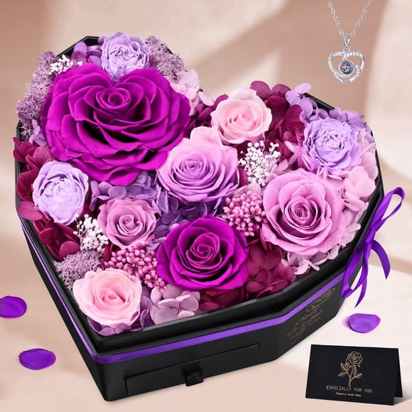 Lyacmy Valentines Day Rurple Rose Forever Flower in Heart Shape Box Gift for Her, Eternal Preserved Roses Flowers for Mom Wife Birthday