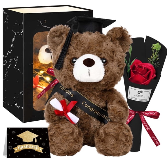 Lyacmy Dark Brown Graduation Teddy Bears Class of 2026 Plush Teddy Bear Stuffed Animal, Graduation Flowers Bouquet with Greeting Card and Bag for Graduation Gifts for Her Him, Blue Cap