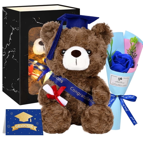 Lyacmy Dark Brown Graduation Teddy Bears Class of 2026 Plush Teddy Bear Stuffed Animal, Graduation Flowers Bouquet with Greeting Card and Bag for Graduation Gifts for Her Him, Black Cap