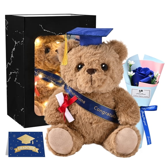 Lyacmy Light Brown Graduation Teddy Bears Class of 2026 Plush Teddy Bear Stuffed Animal, Graduation Flowers Bouquet with Greeting Card and Bag for Graduation Gifts for Her Him, Blue Cap