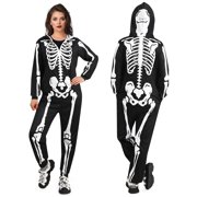 Lyacmy Halloween Skeleton Costume for Women - Comfy Easy Adult Onesie Jumpsuit Halloween Pajama for Adult- Front and Back Bone Print with Zip Up Hooded