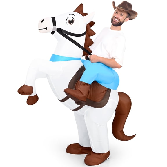 Lyacmy Inflatable Costume Adult Ride On Horse Costumes Cowboy Air Blow Up Funny Riding Horse Suit for Men Women Halloween