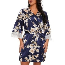 Lyacmy Lace Womens Robes, Satin Robes for Women Sexy, Silk Pajamas Women Flower Nightdress Loungewear Sleepwear