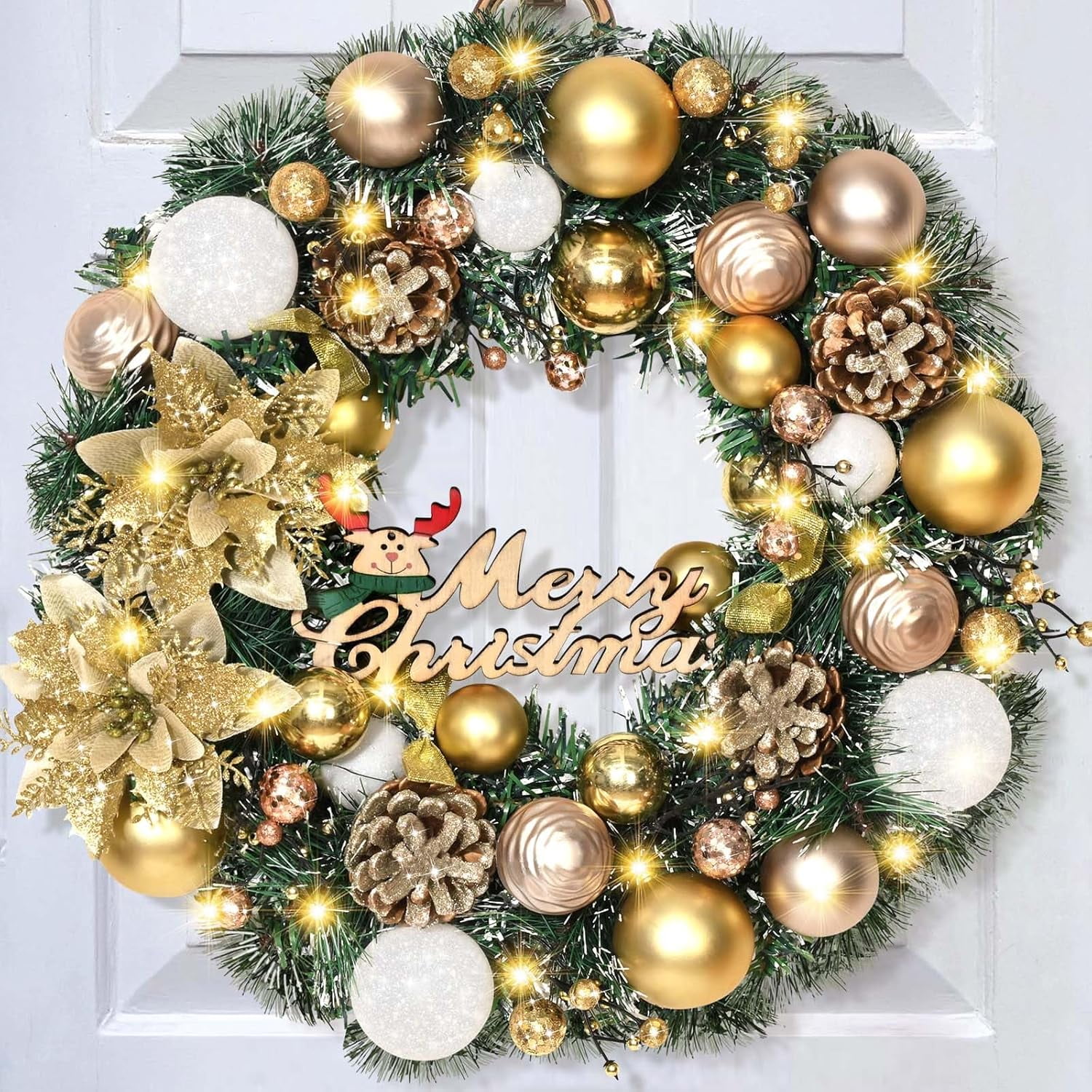 16 Inch Lighted Christmas Wreath With 20 LED Lights & Ornaments - Battery Operated For Front Door Decor