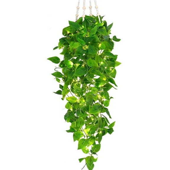 Lyacmy Lighted Fake Hanging Plant with Pot Outdoor, Indoor Hanging Artificial Plants Ivy Greenery Garlands Macrame Plant Hanger in Pots for Bedroom Aesthetic Home Decor, with Basket