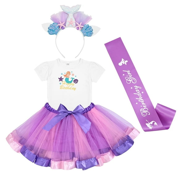 Lyacmy Toddler Mermaid Birthday Outfit for Girls - Shirt, Tutu Skirt Dress Party Costume, Birthday Girl Crown, Satin Sash, 8-10 Years, White
