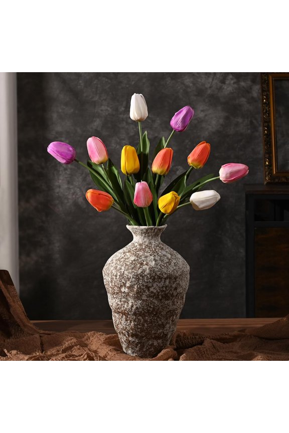 12 Pack Mixed Color Tulips Artificial Flowers Indoor, Real Touch Latex Faux Tulips Flower with Large Full Buds for Spring Summer Table Centerpiece Decorations